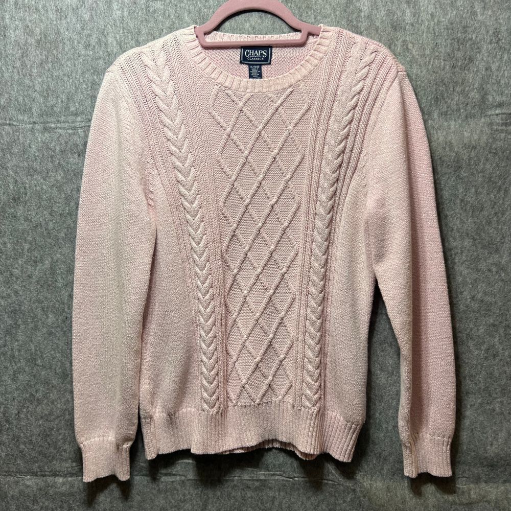 Vintage Chaps Classics Sweater XL Pink Y2K Metallic Cable Knit Cozy‎ Pullover